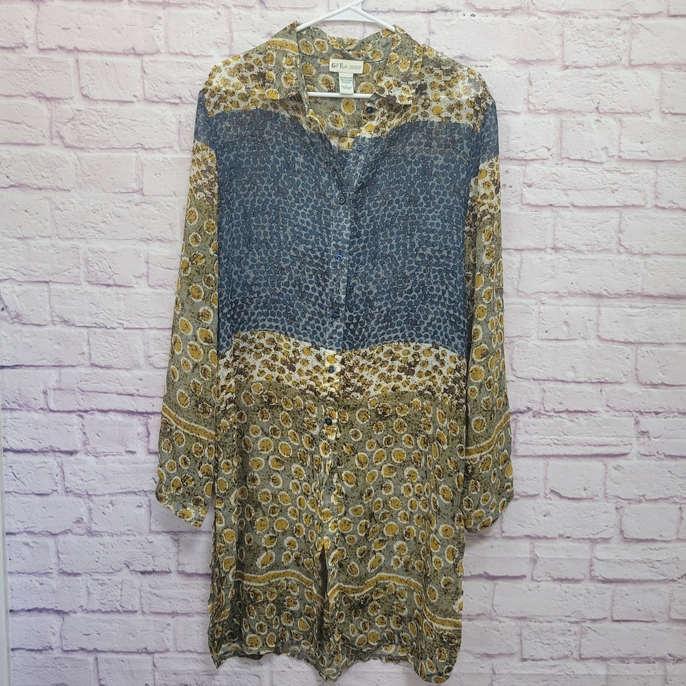 Go Fish Clothing Boho Sheer Tunic Blouse Size L Beach Coverup Dress Button Artsy